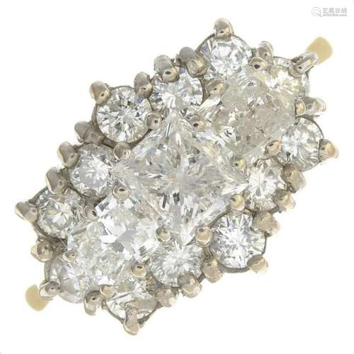 An 18ct gold vari-cut diamond cluster ring.Total