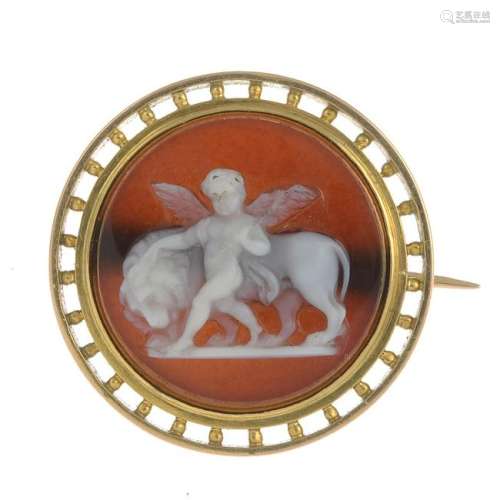 A late Victorian gold hardstone cameo brooch.Diameter
