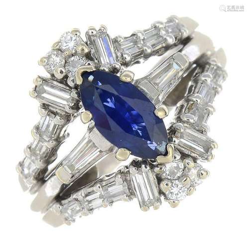 A sapphire and diamond dress ring. Sapphire calculated