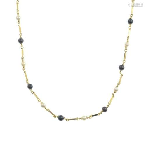 A 9ct gold vari-hue cultured pearl necklace, with bar