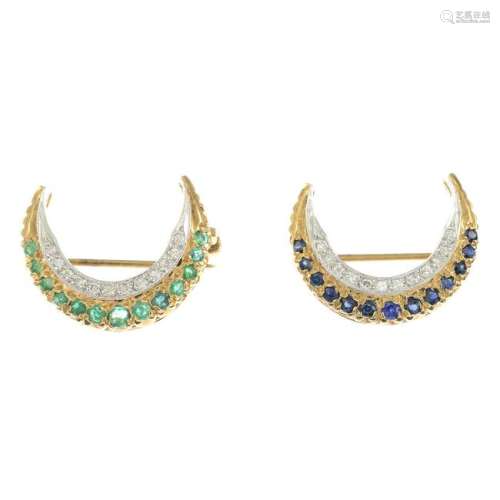 Two gem-set crescent brooches.Gems to include diamond,