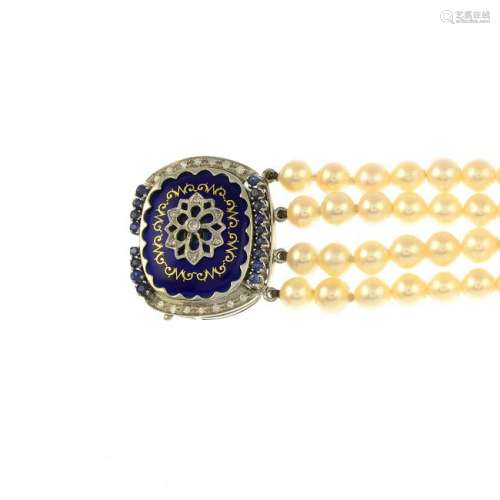 A four-row cultured pearl bracelet, with enamel,