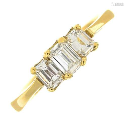 An 18ct gold rectangular-shape diamond three-stone