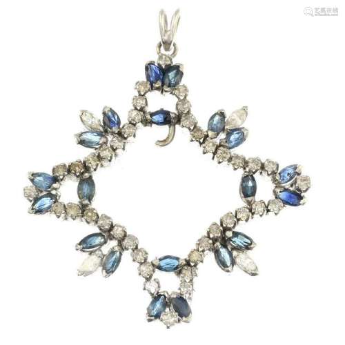 A sapphire and diamond openwork pendant. Estimated