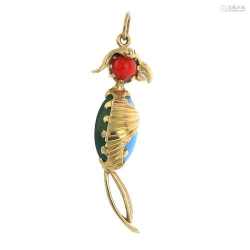 A 14ct gold gem-set parrot pendant.Import marks for