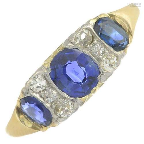 A sapphire and diamond dress ring.Total sapphire weight
