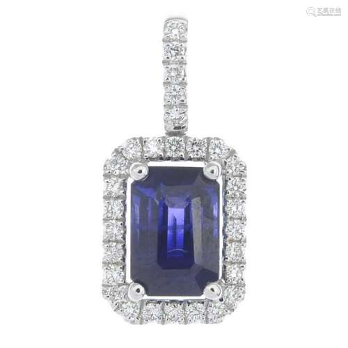 A sapphire and diamond pendant.Sapphire weight 0.83ct,