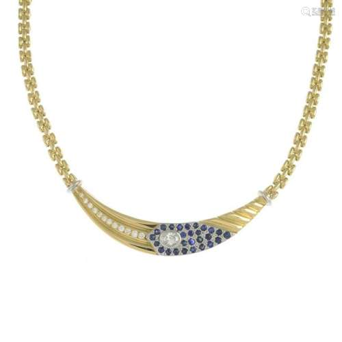 A diamond and sapphire necklace.Estimated total diamond