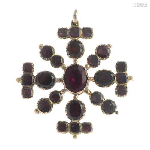 A late Georgian gold garnet cross brooch. Length