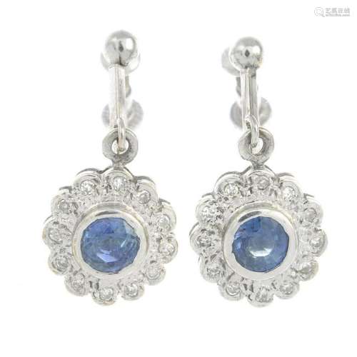 A pair of sapphire and diamond cluster drop