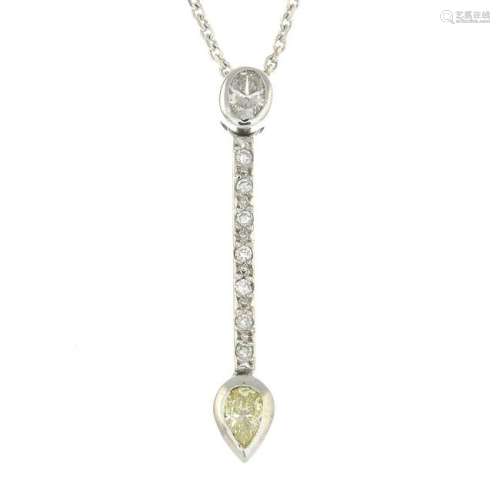 A 'coloured' diamond and diamond pendant, suspended