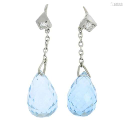 A pair of aquamarine and diamond drop earrings.Total