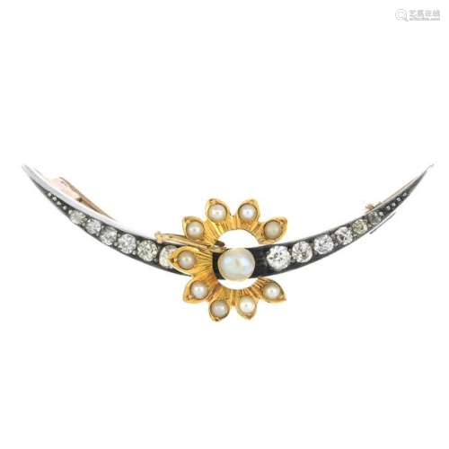 A late 19th century diamond crescent brooch, with later