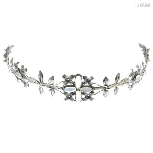 An arts and crafts silver moonstone tiara.Inner