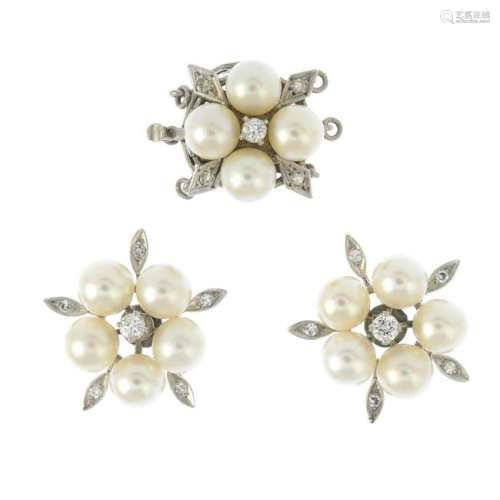 A pair of cultured pearl and diamond earrings, together