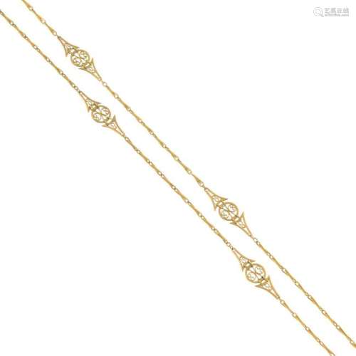 A late 19th century 18ct gold longuard chain, with