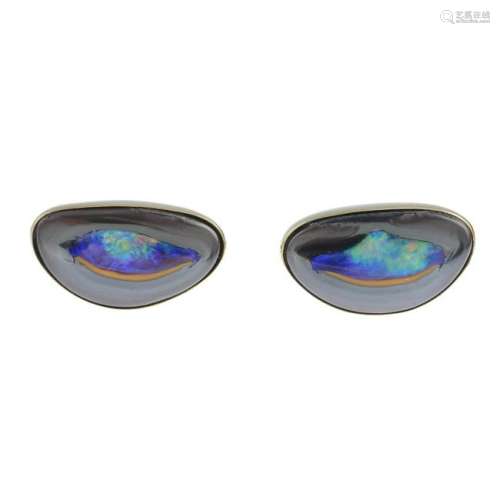 A pair of boulder opal cufflinks.Stamped 750.Length of