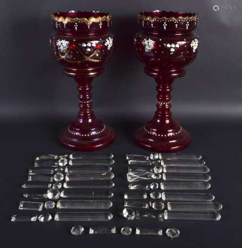 A PAIR OF ANTIQUE BOHEMIAN CRANBERRY GLASS LUSTRES. 36