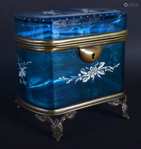 A LOVELY ANTIQUE BLUE GLASS BRONZE CASKET painted with