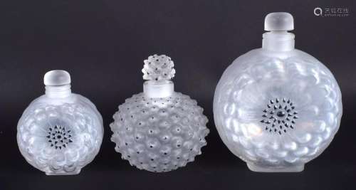 THREE LALIQUE GLASS SCENT BOTTLES AND STOPPERS. Largest