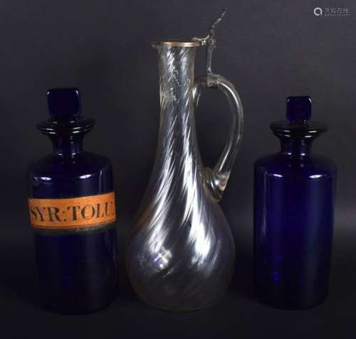 TWO VINTAGE BRISTOL BLUE DECANTERS together with