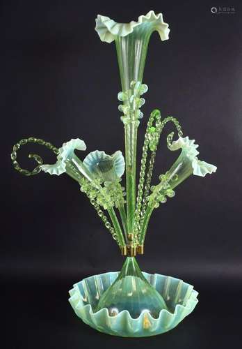 A LARGE EDWARDIAN GREEN URANIUM GLASS EPERGNE. 59 cm