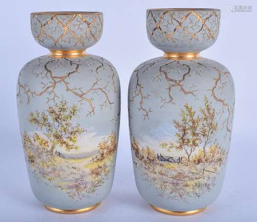 A PAIR OF ANTIQUE LANGLEY WARE STONEWARE VASES