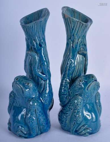 A PAIR OF 19TH CENTURY CONTINENTAL BLUE GLAZED VASE