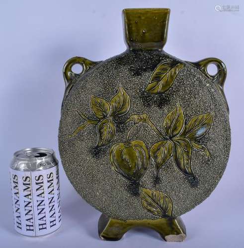 A LARGE ART NOUVEAU OLIVE GREEN TWIN HANDLED FLASK