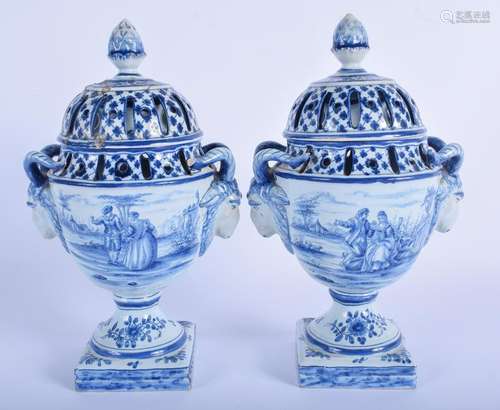 A PAIR OF 19TH CENTURY DELFT BLUE AND WHITE VASES AND