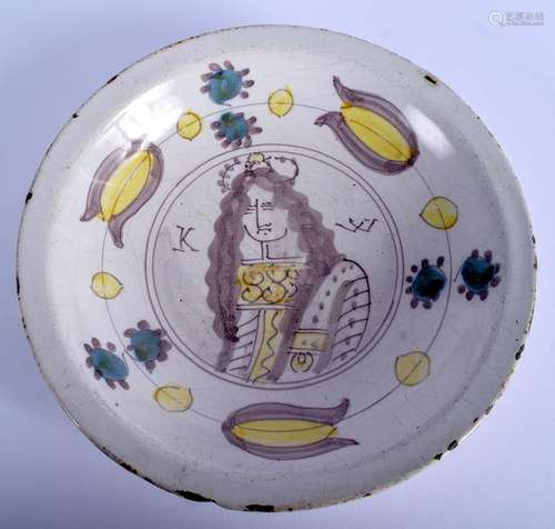 A 17TH CENTURY DELFT TIN GLAZED ROYAL PORTRAIT FAIENCE