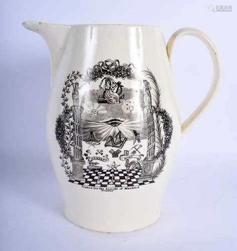 A LARGE EARLY 19TH CENTURY MASONIC CREAMWARE JUG. 21 cm