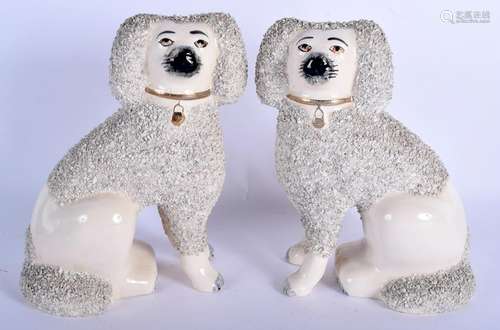 A PAIR OF ANTIQUE STAFFORDSHIRE ENCRUSTED POODLES. 24