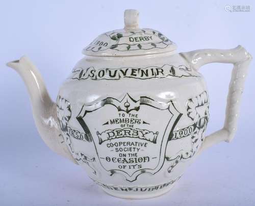 AN ANTIQUE HAMMERSLEY SOUVENIR DERBY TEAPOT AND COVER.