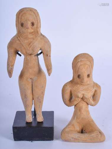 TWO INDUS VALLEY POTTERY FIGURES. Largest 10 cm high.