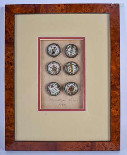 A SET OF SIX 18TH FRENCH REVERSE PAINTED GLASS AND