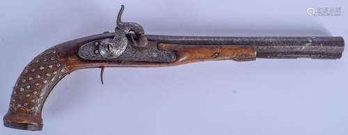 AN ANTIQUE CONTINENTAL FLINT LOCK PISTOL decorated with