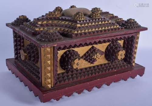 AN ANTIQUE CARVED TRENCH ART CASKET decorated with