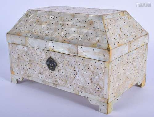 AN INDIAN GOA CARVED MOTHER OF PEARL CASKET covered