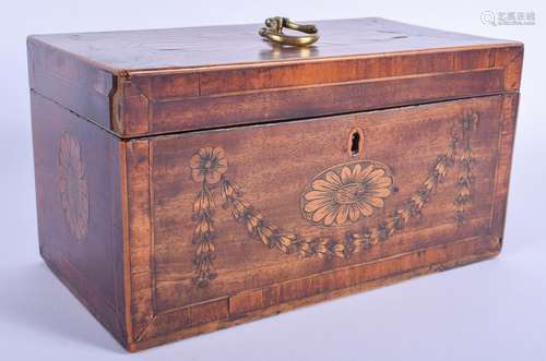 A GEORGE III MAHOGANY RECTANGULAR TEA CADDY decorated