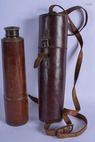 A GOOD ANTIQUE FIVE DRAWER BRASS AND LEATHER TELESCOPE