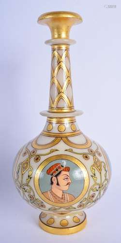 AN INDIAN MUGHAL CARVED AND PAINTED ALABASTER BOTTLE.