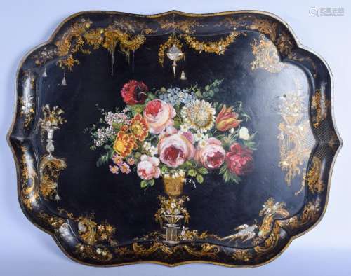 A LARGE VICTORIAN BLACK LACQUER PAPIER MACHE TRAY