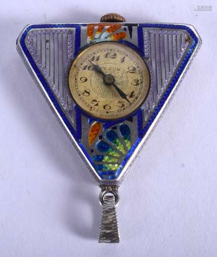 AN ART DECO SILVER AND ENAMEL TRIANGULAR PENDANT WATCH.