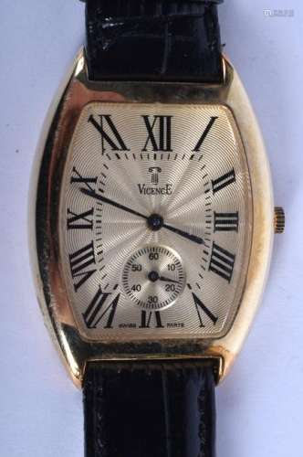 A 14CT GOLD VICENCE CARTIER STYLE WRISTWATCH. 3 cm