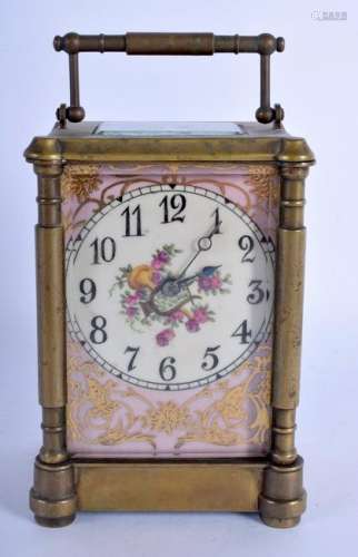 A CONTEMPORARY PORCELAIN PANEL BRASS CARRIAGE CLOCK. 16