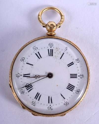 AN ANTIQUE 18CT GOLD AND ENAMEL FOB WATCH. 34.4 grams