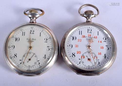 TWO ANTIQUE SILVER POCKET WATCHES. 4.75 cm diameter.