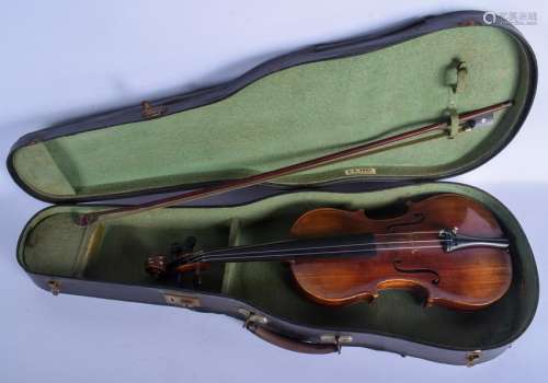 A CASED TWO PIECE BACK VIOLIN together with a bow. 60
