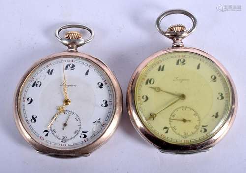 TWO SILVER LONGIES POCKET WATCHES. 4.5 cm diameter. (2)